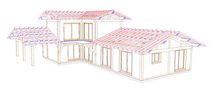 Vue de 3/4 du chalet à ossature bois en mode filaire